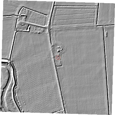 Shaded relief map of the ground around CB63PX, computed from Environment Agency LiDAR. The ground here sits at about 2 m above sea level and falls 4 m across the surrounding 800 m. Surface water reaching this point runs off ground lying to the south, 1.4 m higher.