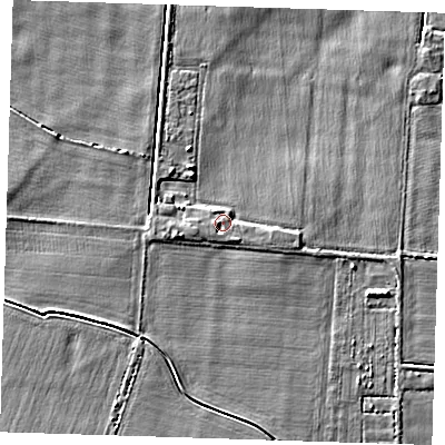 Shaded relief map of the ground around CB63PZ, computed from Environment Agency LiDAR. The ground here sits at about 5 m above sea level and falls 6 m across the surrounding 800 m. Surface water reaching this point runs off ground lying to the south-east, 1.4 m higher.