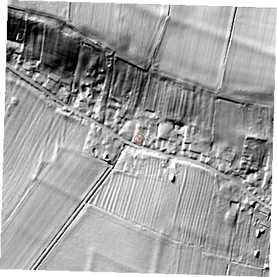 Shaded relief map of the ground around CB63TJ, computed from Environment Agency LiDAR. The ground here sits at about 16 m above sea level and falls 31 m across the surrounding 800 m. Surface water reaching this point runs off ground lying to the north-north-east, 22.1 m higher.