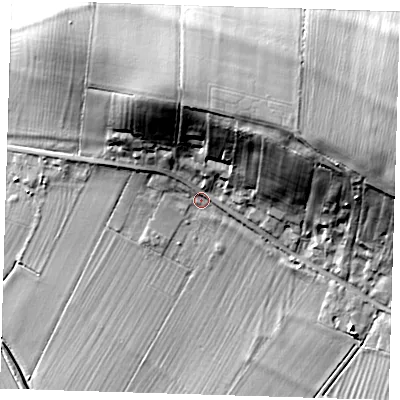 Shaded relief map of the ground around CB63TL, computed from Environment Agency LiDAR. The ground here sits at about 14 m above sea level and falls 34 m across the surrounding 800 m. Surface water reaching this point runs off ground lying to the north-north-east, 23.8 m higher.