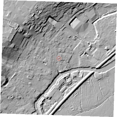 Shaded relief map of the ground around CB74AU, computed from Environment Agency LiDAR. The ground here sits at about 6 m above sea level and falls 22 m across the surrounding 800 m. Surface water reaching this point runs off ground lying to the north-west, 16.9 m higher.