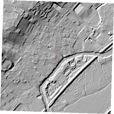 Shaded relief map of the ground around CB74BA, computed from Environment Agency LiDAR. The ground here sits at about 4 m above sea level and falls 22 m across the surrounding 800 m. Surface water reaching this point runs off ground lying to the north-west, 19.1 m higher.