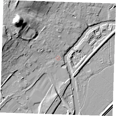 Shaded relief map of the ground around CB74BN, computed from Environment Agency LiDAR. The ground here sits at about 4 m above sea level and falls 34 m across the surrounding 800 m. Surface water reaching this point runs off ground lying to the north-west, 30.7 m higher.