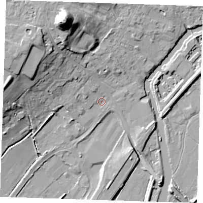 Shaded relief map of the ground around CB74BS, computed from Environment Agency LiDAR. The ground here sits at about 4 m above sea level and falls 33 m across the surrounding 800 m. Surface water reaching this point runs off ground lying to the north-west, 5.0 m higher.