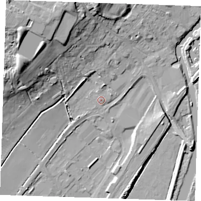 Shaded relief map of the ground around CB74DT, computed from Environment Agency LiDAR. The ground here sits at about 4 m above sea level and falls 25 m across the surrounding 800 m. Surface water reaching this point runs off ground lying to the north-north-west, 1.2 m higher.