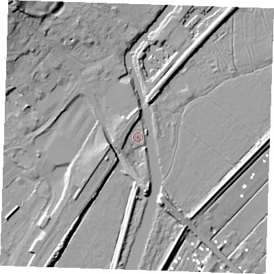 Shaded relief map of the ground around CB74DY, computed from Environment Agency LiDAR. The ground here sits at about 3 m above sea level and falls 21 m across the surrounding 800 m. Surface water reaching this point runs off ground lying to the north-north-west, 3.0 m higher.