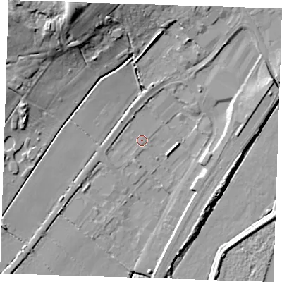 Shaded relief map of the ground around CB74EA, computed from Environment Agency LiDAR. The ground here sits at about 3 m above sea level and falls 25 m across the surrounding 800 m. Surface water reaching this point runs off ground lying to the west-south-west, 1.5 m higher.