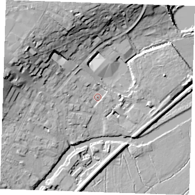 Shaded relief map of the ground around CB74EB, computed from Environment Agency LiDAR. The ground here sits at about 4 m above sea level and falls 22 m across the surrounding 800 m. Surface water reaching this point runs off ground lying to the north-north-west, 19.3 m higher.