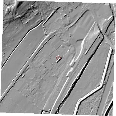 Shaded relief map of the ground around CB74EH, computed from Environment Agency LiDAR. The ground here sits at about 2 m above sea level and falls 25 m across the surrounding 800 m. Surface water reaching this point runs off ground lying to the west, 2.4 m higher.