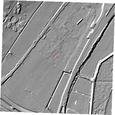 Shaded relief map of the ground around CB74GG, computed from Environment Agency LiDAR. The ground here sits at about 2 m above sea level and falls 14 m across the surrounding 800 m. Surface water reaching this point runs off ground lying to the north-west, 1.2 m higher.