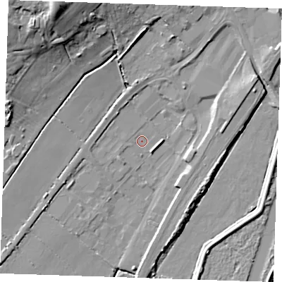 Shaded relief map of the ground around CB74JW, computed from Environment Agency LiDAR. The ground here sits at about 2 m above sea level and falls 25 m across the surrounding 800 m. Surface water reaching this point runs off ground lying to the west, 2.0 m higher.