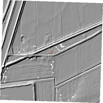 Shaded relief map of the ground around CB74SH, computed from Environment Agency LiDAR. The ground here sits at about 1 m above sea level and falls 8 m across the surrounding 800 m. Surface water reaching this point runs off ground lying to the west, 5.1 m higher.