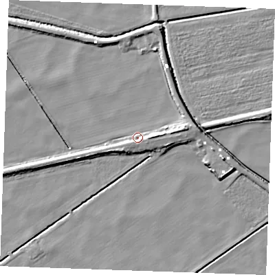 Shaded relief map of the ground around CB74SP, computed from Environment Agency LiDAR. The ground here sits at about -1 m above sea level and falls 6 m across the surrounding 800 m. Surface water reaching this point runs off ground lying to the east, 3.8 m higher.