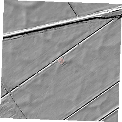 Shaded relief map of the ground around CB74SR, computed from Environment Agency LiDAR. The ground here sits at about -2 m above sea level and falls 6 m across the surrounding 800 m. Surface water reaching this point runs off ground lying to the east-north-east, 1.0 m higher.
