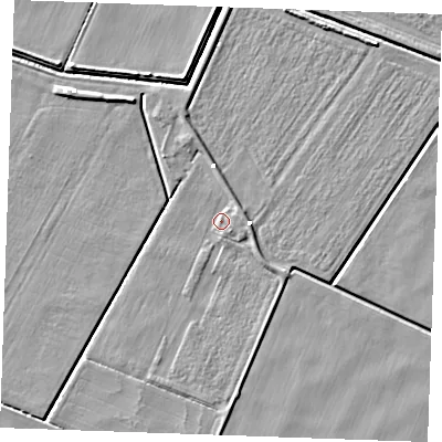 Shaded relief map of the ground around CB74SS, computed from Environment Agency LiDAR. The ground here sits at about -1 m above sea level and falls 5 m across the surrounding 800 m. Surface water reaching this point runs off ground lying to the east-north-east, 2.1 m higher.
