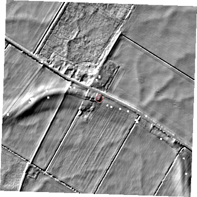 Shaded relief map of the ground around CB74SU, computed from Environment Agency LiDAR. The ground here sits at about 1 m above sea level and falls 5 m across the surrounding 800 m. Surface water reaching this point runs off ground lying to the west, 1.4 m higher.