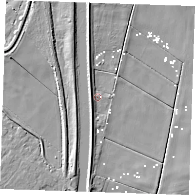 Shaded relief map of the ground around CB74TA, computed from Environment Agency LiDAR. The ground here sits at about 0 m above sea level and falls 8 m across the surrounding 800 m. Surface water reaching this point runs off ground lying to the south-west, 4.7 m higher.