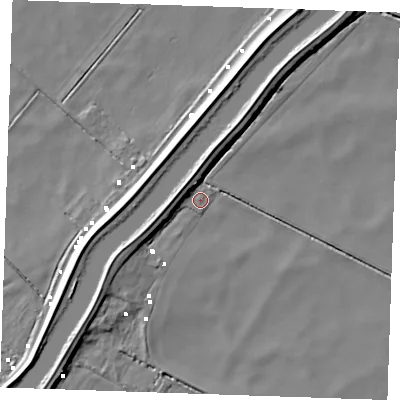 Shaded relief map of the ground around CB74TD, computed from Environment Agency LiDAR. The ground here sits at about -1 m above sea level and falls 8 m across the surrounding 800 m. Surface water reaching this point runs off ground lying to the west-south-west, 5.4 m higher.