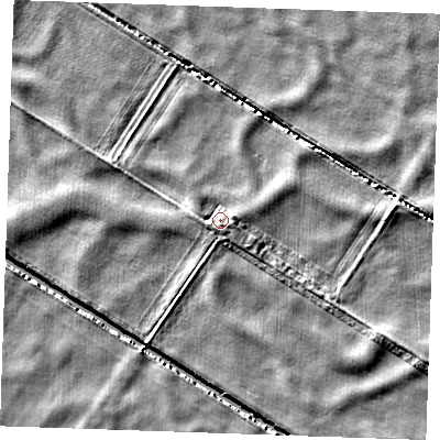 Shaded relief map of the ground around CB74TE, computed from Environment Agency LiDAR. The ground here sits at about -1 m above sea level and falls 4 m across the surrounding 800 m. Surface water reaching this point runs off ground lying to the west-south-west, 1.8 m higher.