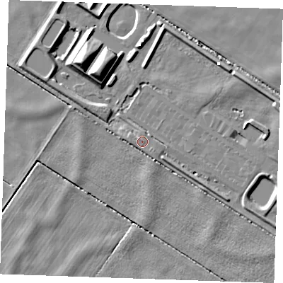Shaded relief map of the ground around CB74TF, computed from Environment Agency LiDAR. The ground here sits at about -1 m above sea level and falls 11 m across the surrounding 800 m. Surface water reaching this point runs off ground lying to the west, 1.7 m higher.