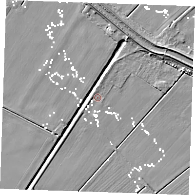 Shaded relief map of the ground around CB74TG, computed from Environment Agency LiDAR. The ground here sits at about 0 m above sea level and falls 8 m across the surrounding 800 m. Surface water reaching this point runs off ground lying to the west-north-west, 1.1 m higher.