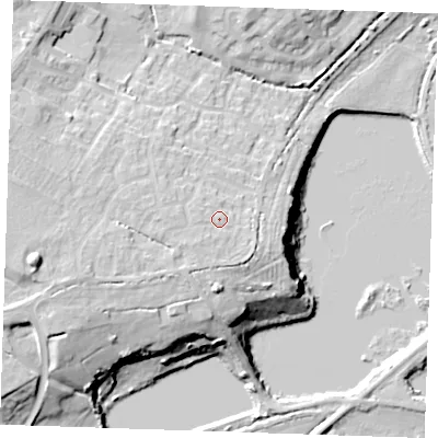 Shaded relief map of the ground around CB74TT, computed from Environment Agency LiDAR. The ground here sits at about 18 m above sea level and falls 23 m across the surrounding 800 m. Surface water reaching this point runs off ground lying to the west-south-west, 7.3 m higher.