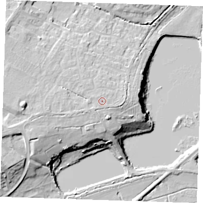 Shaded relief map of the ground around CB74TX, computed from Environment Agency LiDAR. The ground here sits at about 19 m above sea level and falls 24 m across the surrounding 800 m. Surface water reaching this point runs off ground lying to the west-south-west, 0.6 m higher.