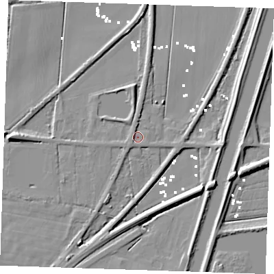 Shaded relief map of the ground around CB74TZ, computed from Environment Agency LiDAR. The ground here sits at about 2 m above sea level and falls 10 m across the surrounding 800 m. Surface water reaching this point runs off ground lying to the west-south-west, 1.8 m higher.