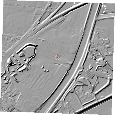 Shaded relief map of the ground around CB74UB, computed from Environment Agency LiDAR. The ground here sits at about 3 m above sea level and falls 15 m across the surrounding 800 m. Surface water reaching this point runs off ground lying to the west, 6.1 m higher.