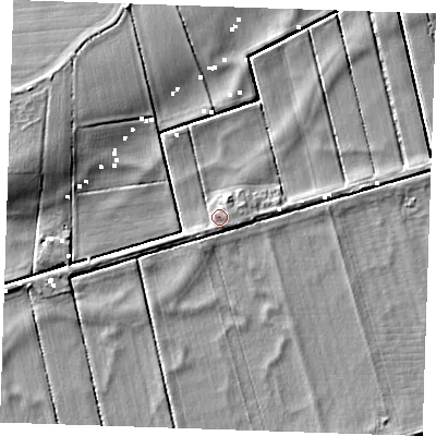 Shaded relief map of the ground around CB74UD, computed from Environment Agency LiDAR. The ground here sits at about 0 m above sea level and falls 6 m across the surrounding 800 m. Surface water reaching this point runs off ground lying to the east, 1.2 m higher.