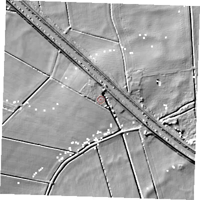 Shaded relief map of the ground around CB74UF, computed from Environment Agency LiDAR. The ground here sits at about 1 m above sea level and falls 7 m across the surrounding 800 m. Surface water reaching this point runs off ground lying to the north, 4.0 m higher.