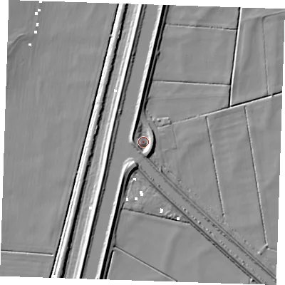 Shaded relief map of the ground around CB74UG, computed from Environment Agency LiDAR. The ground here sits at about 1 m above sea level and falls 8 m across the surrounding 800 m. Surface water reaching this point runs off ground lying to the south-south-east, 5.8 m higher.