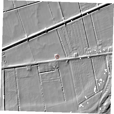 Shaded relief map of the ground around CB74UJ, computed from Environment Agency LiDAR. The ground here sits at about -0 m above sea level and falls 5 m across the surrounding 800 m. Surface water reaching this point runs off ground lying to the north-north-west, 4.4 m higher.