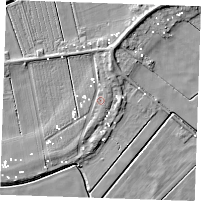 Shaded relief map of the ground around CB74UL, computed from Environment Agency LiDAR. The ground here sits at about 0 m above sea level and falls 6 m across the surrounding 800 m. Surface water reaching this point runs off ground lying to the south-south-west, 1.4 m higher.