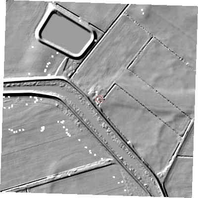Shaded relief map of the ground around CB74UR, computed from Environment Agency LiDAR. The ground here sits at about 0 m above sea level and falls 7 m across the surrounding 800 m. Surface water reaching this point runs off ground lying to the south-west, 4.7 m higher.