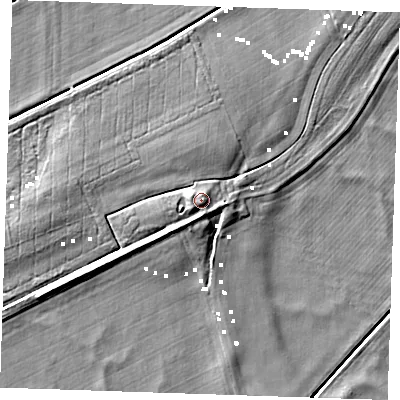 Shaded relief map of the ground around CB74XJ, computed from Environment Agency LiDAR. The ground here sits at about 3 m above sea level and falls 7 m across the surrounding 800 m. Surface water reaching this point runs off ground lying to the south, 2.1 m higher.