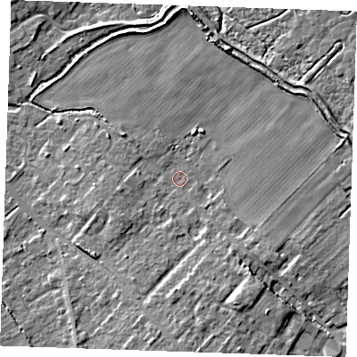 Shaded relief map of the ground around CB75AD, computed from Environment Agency LiDAR. The ground here sits at about 5 m above sea level and falls 8 m across the surrounding 800 m. Surface water reaching this point runs off ground lying to the south, 1.9 m higher.