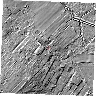 Shaded relief map of the ground around CB75AE, computed from Environment Agency LiDAR. The ground here sits at about 5 m above sea level and falls 7 m across the surrounding 800 m. Surface water reaching this point runs off ground lying to the south-west, 4.6 m higher.