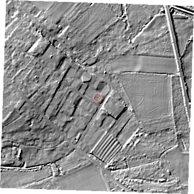 Shaded relief map of the ground around CB75BA, computed from Environment Agency LiDAR. The ground here sits at about 5 m above sea level and falls 7 m across the surrounding 800 m. Surface water reaching this point runs off ground lying to the west, 5.6 m higher.