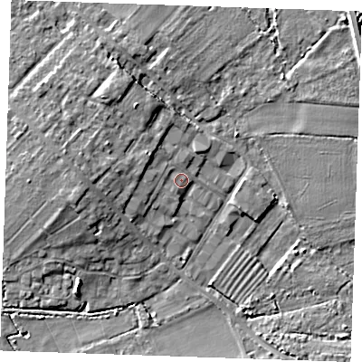 Shaded relief map of the ground around CB75BE, computed from Environment Agency LiDAR. The ground here sits at about 6 m above sea level and falls 7 m across the surrounding 800 m. Surface water reaching this point runs off ground lying to the west, 4.3 m higher.