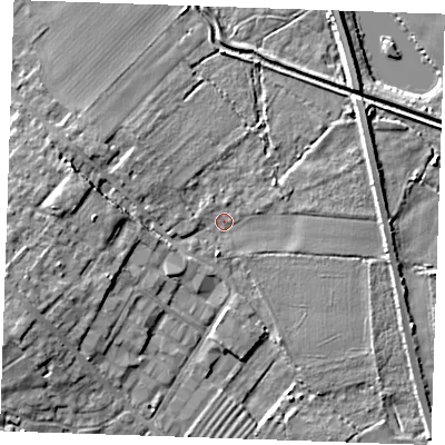 Shaded relief map of the ground around CB75DA, computed from Environment Agency LiDAR. The ground here sits at about 5 m above sea level and falls 7 m across the surrounding 800 m. Surface water reaching this point runs off ground lying to the west, 5.2 m higher.