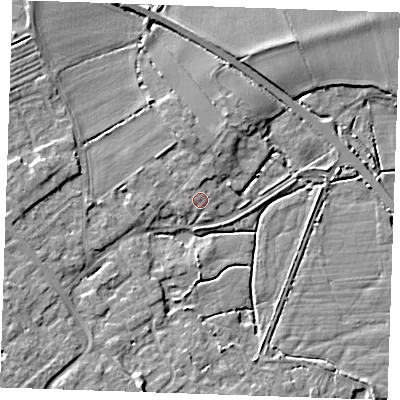 Shaded relief map of the ground around CB75DF, computed from Environment Agency LiDAR. The ground here sits at about 5 m above sea level and falls 6 m across the surrounding 800 m. Surface water reaching this point runs off ground lying to the north-west, 1.0 m higher.