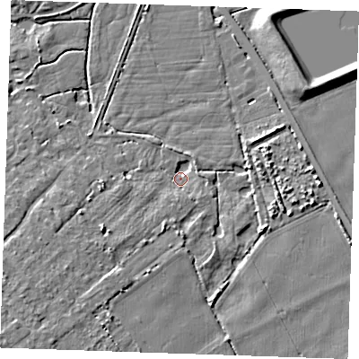 Shaded relief map of the ground around CB75DH, computed from Environment Agency LiDAR. The ground here sits at about 3 m above sea level and falls 7 m across the surrounding 800 m. Surface water reaching this point runs off ground lying to the south-south-east, 2.4 m higher.