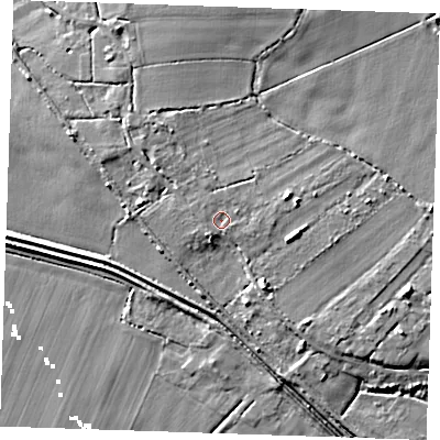 Shaded relief map of the ground around CB75EP, computed from Environment Agency LiDAR. The ground here sits at about 5 m above sea level and falls 8 m across the surrounding 800 m. Surface water reaching this point runs off ground lying to the east, 1.6 m higher.