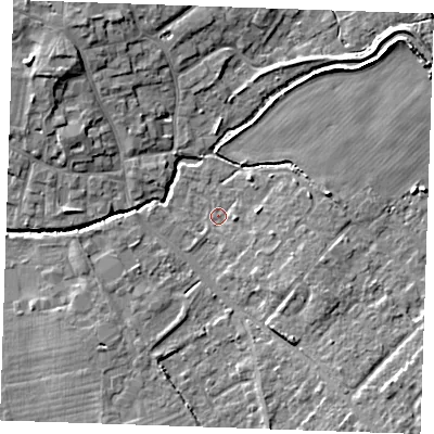 Shaded relief map of the ground around CB75EZ, computed from Environment Agency LiDAR. The ground here sits at about 6 m above sea level and falls 8 m across the surrounding 800 m. Surface water reaching this point runs off ground lying to the south-east, 2.6 m higher.