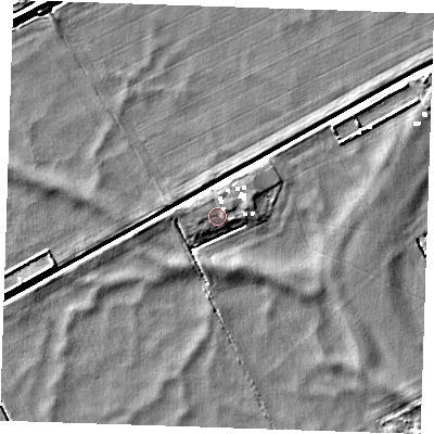 Shaded relief map of the ground around CB75FA, computed from Environment Agency LiDAR. The ground here sits at about -0 m above sea level and falls 7 m across the surrounding 800 m. Surface water reaching this point runs off ground lying to the east-north-east, 2.0 m higher.