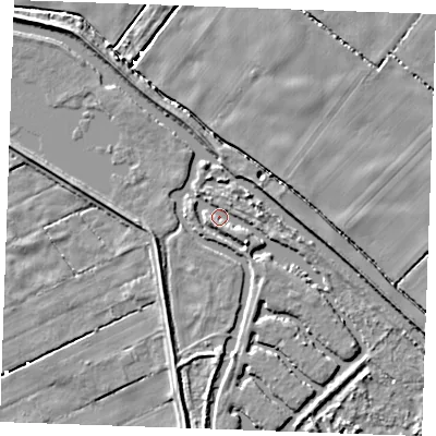 Shaded relief map of the ground around CB75GJ, computed from Environment Agency LiDAR. The ground here sits at about 2 m above sea level and falls 6 m across the surrounding 800 m. Surface water reaching this point runs off ground lying to the south-east, 2.8 m higher.