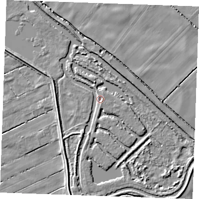 Shaded relief map of the ground around CB75GL, computed from Environment Agency LiDAR. The ground here sits at about 3 m above sea level and falls 5 m across the surrounding 800 m. Surface water reaching this point runs off ground lying to the south-south-west, 2.4 m higher.
