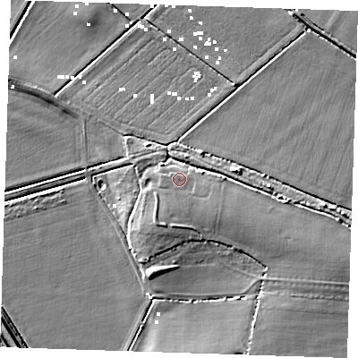Shaded relief map of the ground around CB75GT, computed from Environment Agency LiDAR. The ground here sits at about 4 m above sea level and falls 8 m across the surrounding 800 m. Surface water reaching this point runs off ground lying to the south-south-east, 1.1 m higher.