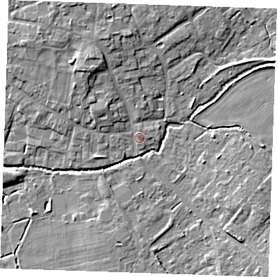 Shaded relief map of the ground around CB75HD, computed from Environment Agency LiDAR. The ground here sits at about 6 m above sea level and falls 8 m across the surrounding 800 m. Surface water reaching this point runs off ground lying to the north-north-west, 5.0 m higher.